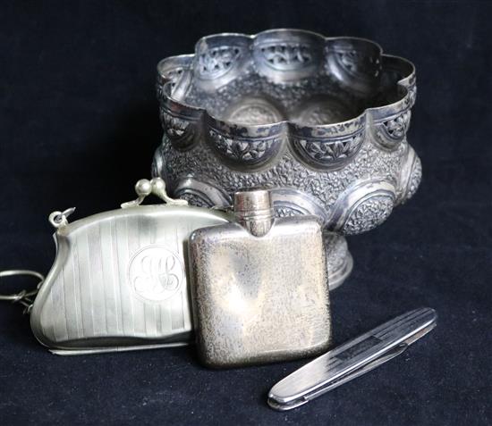 A George V silver scent flask by Sampson Mordan & Co and three other items.